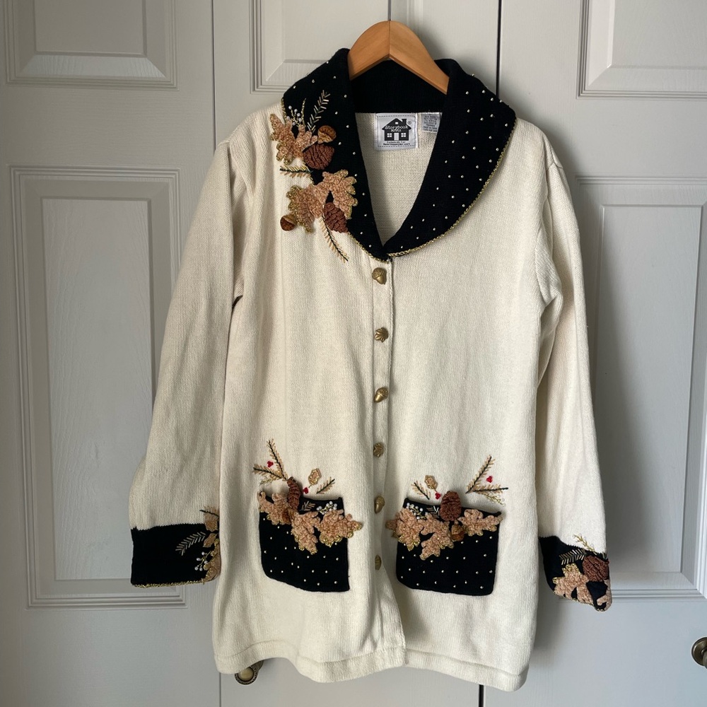 Storybook Knits Cream and Black Embroidered Floral Cardigan